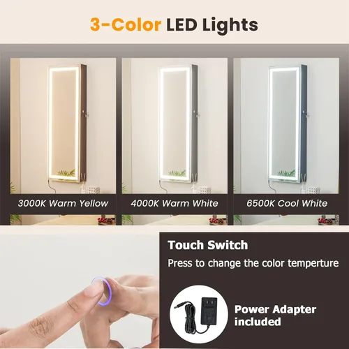 Miniatura 4 de Giantex Armario de joyería para puerta de pared, espejo de longitud completa iluminado con pantalla táctil con cerradura de 47.2 pulgadas, 3 ajustes