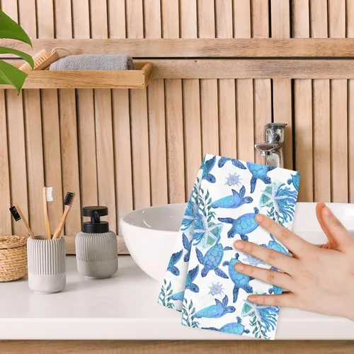 Miniatura 7 de 100 servilletas de papel desechables con diseño de tortuga y océano, color azul océano, animales marinos, cenas, toallas de mano para verano, playa