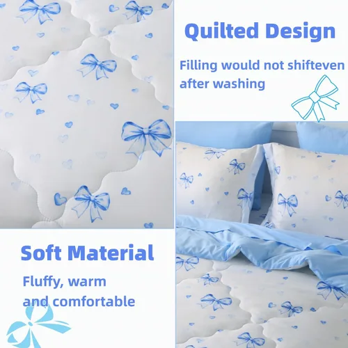 Miniatura 3 de Juego de ropa de cama con lazo para niñas, tamaño matrimonial, 7 piezas, color azul, Kawaii con lazo, cama en una bolsa para niños y adolescentes