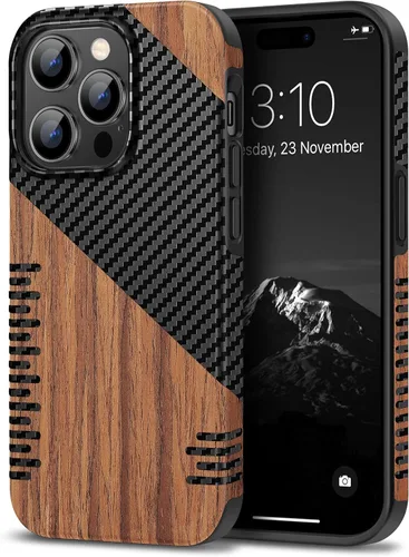 Miniatura 30 de TENDLIN Funda Magnética Compatible con iPhone 14 Plus Funda de Madera con Textura de Fibra de Carbono Diseño Híbrido de Cuero Cubierta Delgada Negro