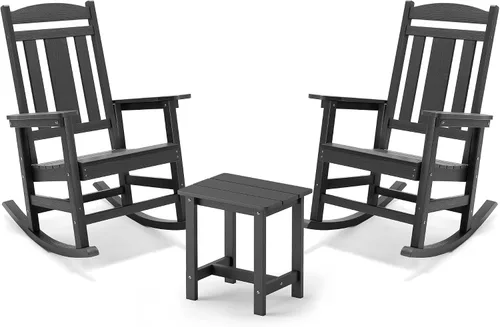 Miniatura 34 de LUE BONA Juego de mecedoras para exteriores, 3 piezas, mecedoras de polietileno HDPS con mesa, juego de sillas mecedoras de plástico resistente a