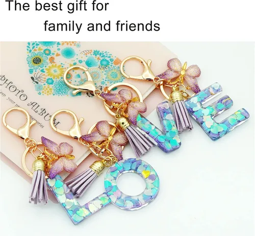 Miniatura 3 de TTYY Llaveros con letra inicial para niñas y mujeres, rosa, morado, verde, lindo llavero de corazón de mariposa para mochila escolar