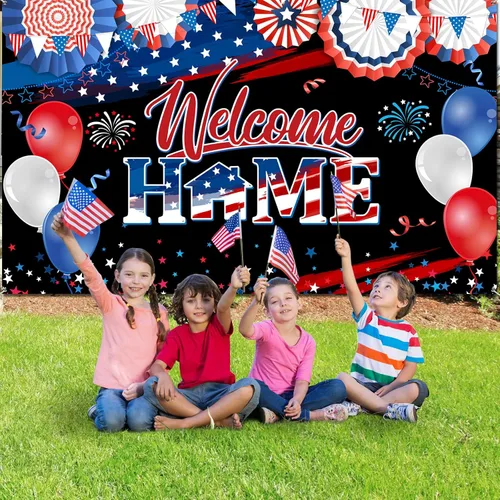 Miniatura 5 de Cartel de bienvenida a casa, decoración del día de los veteranos, tela patriótica, telón de fondo de fotos del ejército militar para despliegue