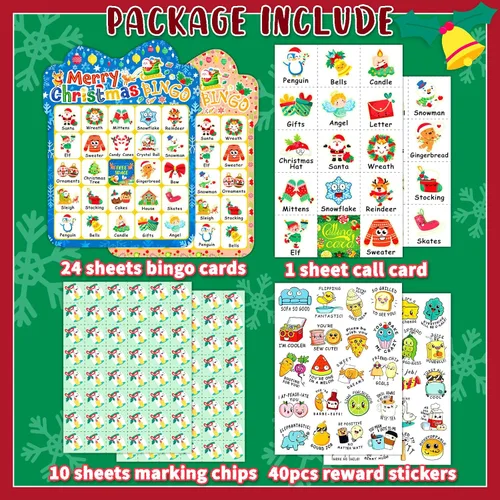 Miniatura 2 de 39 tarjetas de bingo de Navidad, 24 jugadores, lindo juego de bingo de Navidad para niños y adultos, suministros de fiesta, juegos familiares