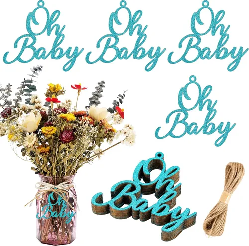 20 etiquetas de tarro Oh Baby Mason para centros de mesa de baby shower, revelación de género, decoraciones azules con purpurina, recortes de Oh