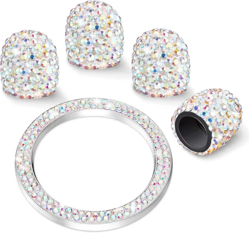 Miniatura 16 de WINKA 4 tapones para válvula de neumático de automóvil con diamantes de imitación, 1 cubierta de botón de motor de automóvil, anillo de encendido