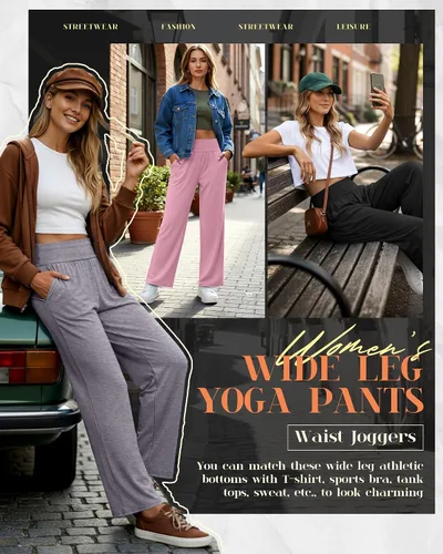 Miniatura 104 de Neer - Conjunto de 3 pantalones de yoga de pierna ancha para mujer - Pantalones deportivos cómodos, holgados, de cintura alta y casuales