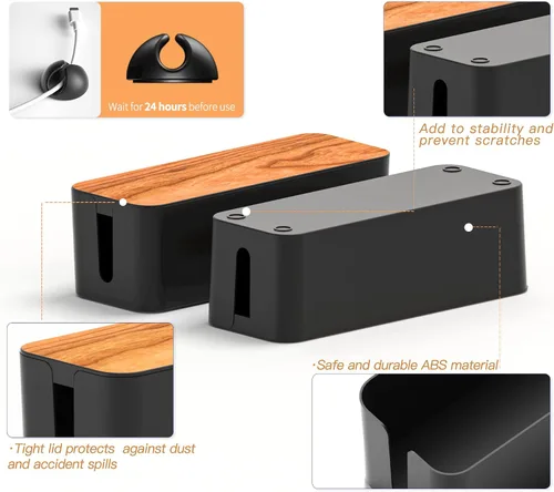 Miniatura 4 de Caja organizadora de cables, paquete de 2 con 16 clips para cables, grande, mediano y pequeño, de madera, organizador de cables para ocultar cables