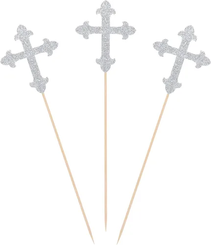 Miniatura 4 de Palillos de centro de mesa de cruz con purpurina azul para bautizo, decoración de fiesta - Juego de 10
