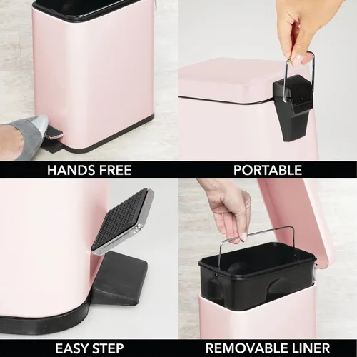 Miniatura 6 de mDesign Pequeño y moderno cubo de basura rectangular de metal con tapa y pedal de 1.3 galones, compacto, con cubo interior extraíble y asa