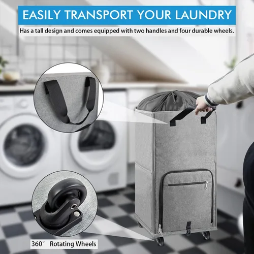 Miniatura 2 de Bukere - Cesta de lavandería con ruedas, cesta grande con 4 ruedas y 2 asas, bolsa de lavandería con ruedas plegable independiente para ropa, Gris