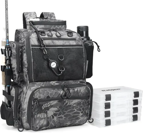 Rabjen Mochila de aparejos de pesca con soportes para caña, soporte para botellas, bolsa de almacenamiento, tienda de equipo de pesca Camuflaje Negro