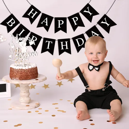 Miniatura 5 de Cartel negro de feliz cumpleaños, decoración de fiesta de cumpleaños negro para hombres y mujeres, suministros de fiesta de baby shower, bandera