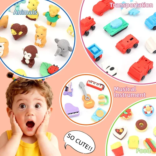 Miniatura 4 de URSKYTOUS 120 piezas Borradores de animales a granel Bonitos borradores de comida Mascotas de escritorio para niños Rompecabezas Borrador