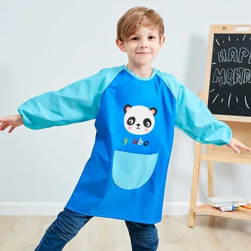 Miniatura 2 de Delantal para pintar para niños, delantal con bolsillos para niños y niñas, impermeable, manga larga, delantal de artista, Azul Panda