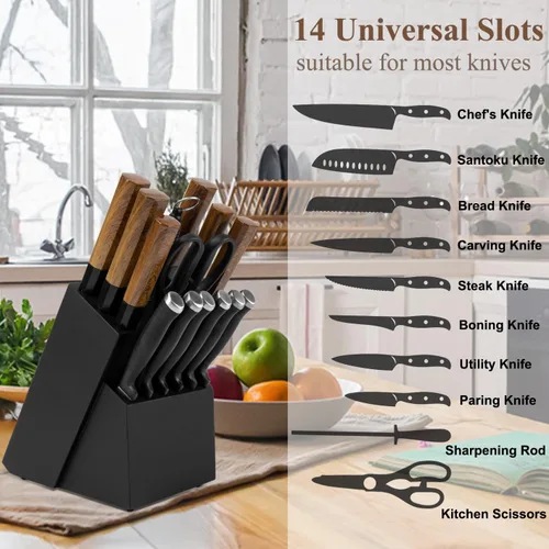 Miniatura 2 de RedCall Soporte Universal para Cuchillos, Bloque de Cuchillos de Madera Bambú Grande sin Cuchillos, Soporte Universal para Cuchillos de 14 Ranuras