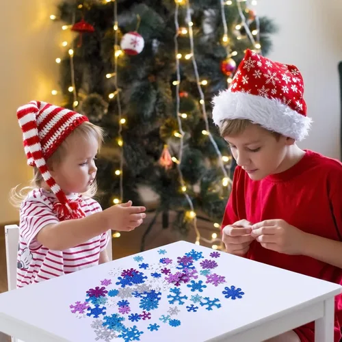 Miniatura 6 de Aneco 500 calcomanías de espuma con purpurina para copos de nieve autoadhesivos, calcomanías de nieve para decoración de Navidad e invierno