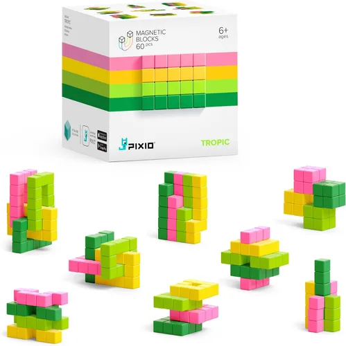 PIXIO Tropic - Juego de construcción de bloques magnéticos pequeños en estilo de arte de píxeles con aplicación gratuita - Cubos de plástico de