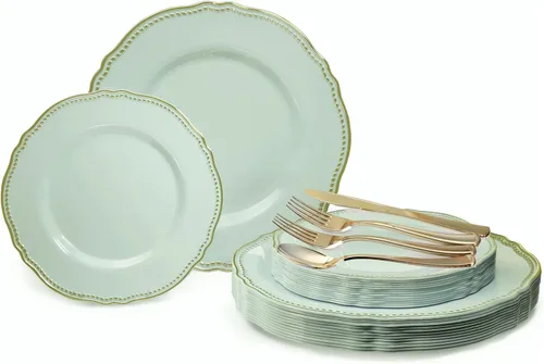 Miniatura 18 de OCCASIONS" Paquete de 50 platos (25 invitados) - Juego de platos de plástico desechables resistentes para fiestas de boda - 25 x 10.25'' para cena