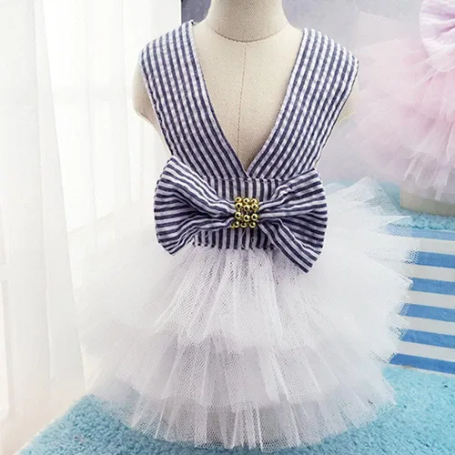 Miniatura 8 de Vestidos para Perros, Ropa de Mascota a la Moda, Vestidos de Princesa para Cachorros con Rayas y Malla (Azul, XS)