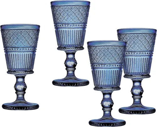 Godinger Copas de vino, copas con tallo, copas de vino tinto, copas de copa de vino, decoración vintage, colección Claro, azul, juego de 4