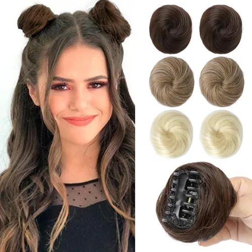 Miniatura 48 de REECHO Piezas de cabello Space Bun, 2 extensiones de moño mini con clip de pinza en extensiones de moño falsas de orejas de gato y desordenadas