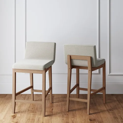 Miniatura 41 de Nathan James - Gracie - Moderno taburete alto con respaldo, silla alta tapizada con lino texturizado natural y patas de madera cepillada - Marrón