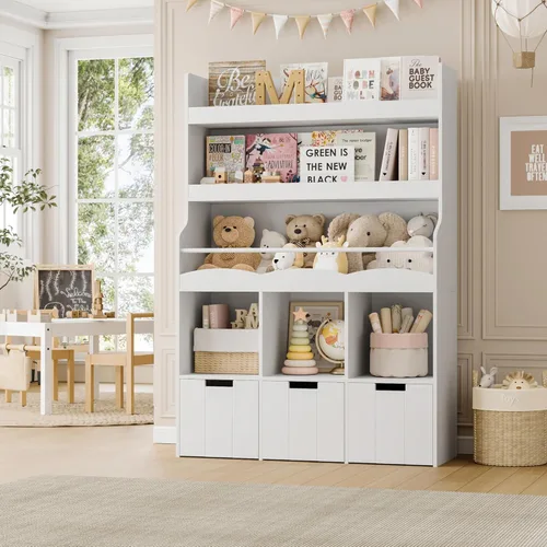 HITHOS Estantería infantil de 55.3 pulgadas de alto con organizador de almacenamiento de juguetes, estante alto para libros con 3 contenedores Blanco