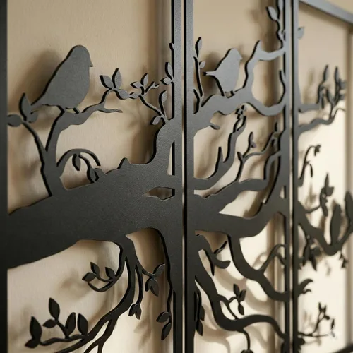 Miniatura 8 de DEKADRON Arte de pared de metal, árbol de la vida, 4 paneles, arte de pared de pájaros y ramas de metal, letrero de árbol, decoración de pared
