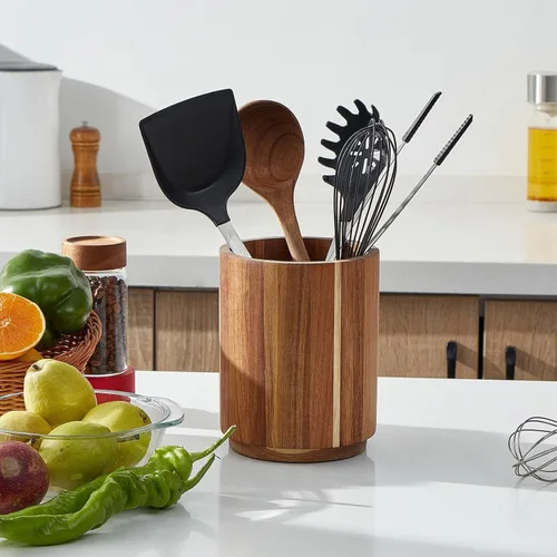 Miniatura 3 de Soporte para utensilios de madera de acacia para encimera de cocina, giratorio de 360° de 7.2 pulgadas, recipiente de madera para utensilios