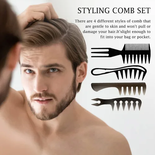 Miniatura 4 de Juego de peines para el cabello 4 en 1, dientes anchos, cola de doble cara, púa afro y peine de peluquero, negro, 4 estilos