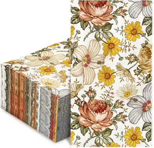 AnyDesign Paquete de 100 servilletas de papel desechables con diseño floral vintage, estilo bohemio, color rojo, peonía, margarita, flores