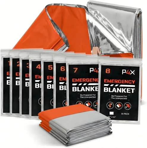 PREPARED4X Paquete de 8 mantas Mylar – Manta de emergencia impermeable – Equipo de supervivencia resistente a rasgaduras y desgarros – Manta térmica