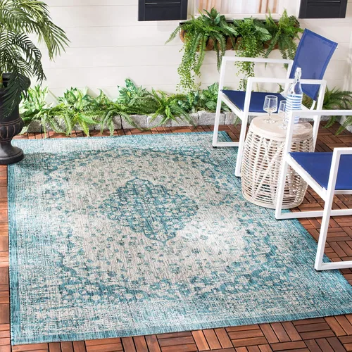 Miniatura 20 de SAFAVIEH Alfombra lavable para exteriores, colección Courtyard de 2.3 x 6.7 pies, color verde azulado y crema, no desprende pelusa y es fácil