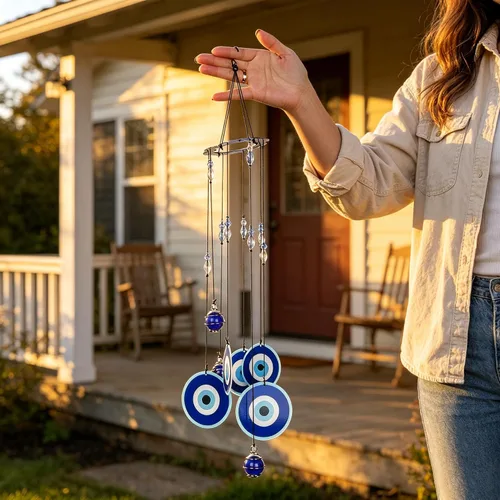 Miniatura 5 de YU FENG Carillón de viento con ojo maligno azul para exteriores, adorno colgante de 19" de metal, campanillas de viento para jardín al aire libre