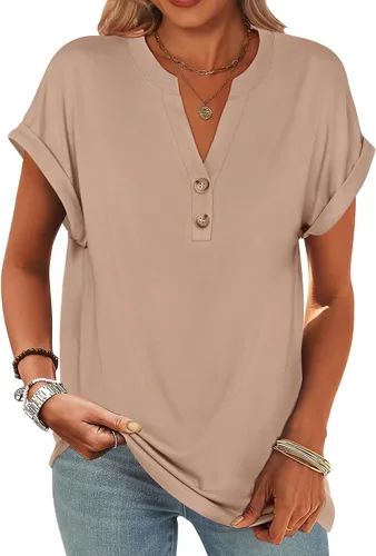 Miniatura 26 de ANRABESS - Camisetas Henley de manga corta para mujer, cuello en V, elegantes, estilo informal, de corte suelto; blusas fluidas de verano, ropa