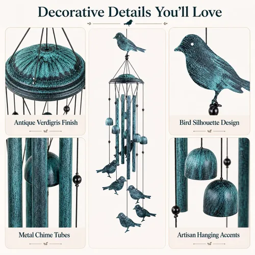 Miniatura 4 de Campanillas de viento de pájaros para exteriores, campanillas de viento para exteriores con 4 tubos grandes de aluminio y gancho en S - decoración