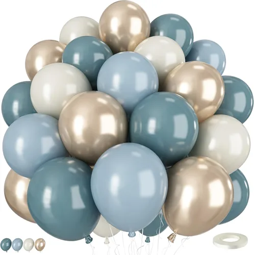 Globos de color azul polvoriento y dorado, 50 globos bohemios de 12 pulgadas con globos de látex retro de color blanco arena, azul pastel, dorado