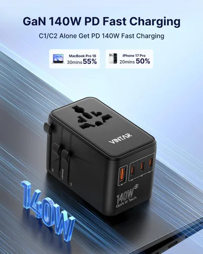 Miniatura 2 de VINTAR 140W GaN Universal Travel Adapter, 6-in-1 International Power Adapter with 2AC, 3 USB-C PD & 1 USB-A QC, All-in-One Charger Compatible with