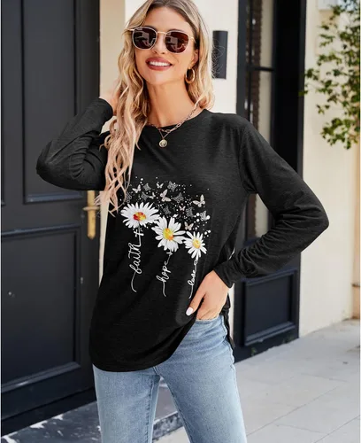 Miniatura 4 de Camiseta casual de manga larga para mujer, divertida, con estampado de girasol, abertura lateral, ajuste holgado