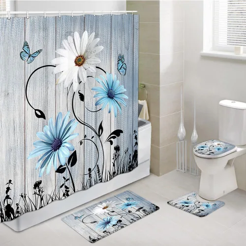 Miniatura 19 de Alfombra de baño rústica blanca floral, flores y mariposas en tabla de madera vieja, antideslizante, juego de alfombras de baño vintage