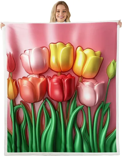 Miniatura 9 de Pink Floral Flannel Blanket,3D Vivid Flower Throw Blanket,Splicing Geometric Girds Fuzzy Blanket for Sofa Bed Living Room Decor,Girls Women Romantic