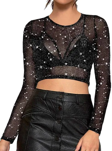 Miniatura 4 de MANGOPOP Blusa corta de manga corta de malla transparente para mujer