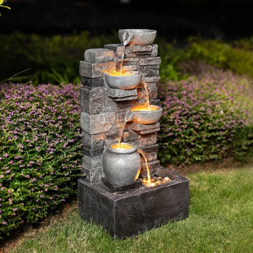 Miniatura 2 de Teamson Home Fuente de agua en cascada de piedra apilada de 4 niveles para exteriores de 28.5 pulgadas con luces LED, gris