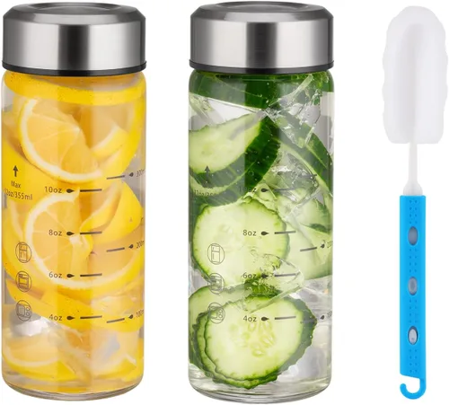 Miniatura 10 de Botellas de vidrio para jugo de 16 onzas, paquete de 2 botellas de agua de boca ancha con tapas para jugo, botellas de jugo reutilizables
