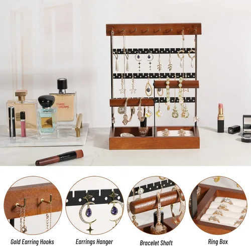 Miniatura 2 de JAZUIHA Organizador de joyas, soporte para collares, aretes, soporte organizador de 3 niveles con 15 ganchos, exhibición de pulsera con base