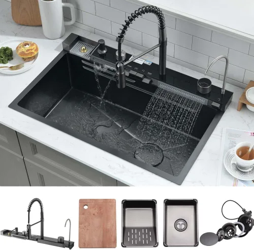 Fregadero de cocina de cascada negro de 30 pulgadas con grifo extraíble, fregadero de cascada de 30 x 18 pulgadas, pantalla digital, fregadero de