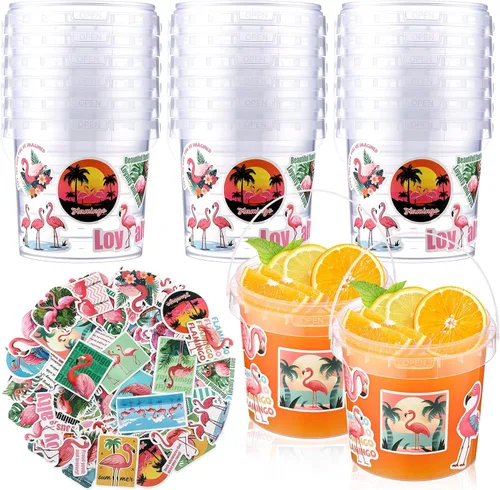 Miniatura 16 de PerKoop 20 cubos de helado de 32 onzas con tapas y asas, cubos transparentes de ron de cóctel con calcomanías, tina transparente de plástico