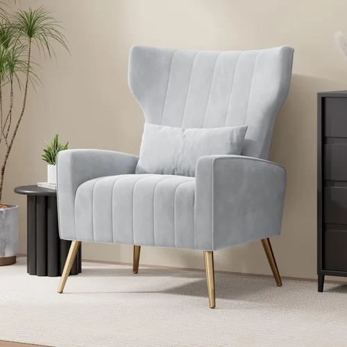 Miniatura 25 de Nebuaegis Silla decorativa de terciopelo con respaldo alado para sala de estar, sillón de respaldo alto con patas doradas, almohada lumbar, sofá