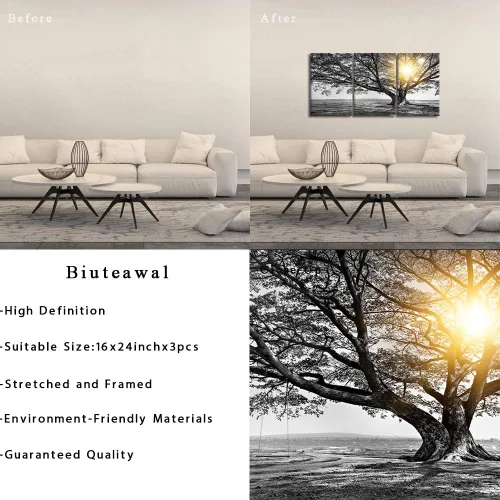 Miniatura 6 de Biuteawal Arte de pared de 3 piezas de árbol blanco y negro al amanecer cálido paisaje fotográfico, impresiones en lienzo de árbol de la vida